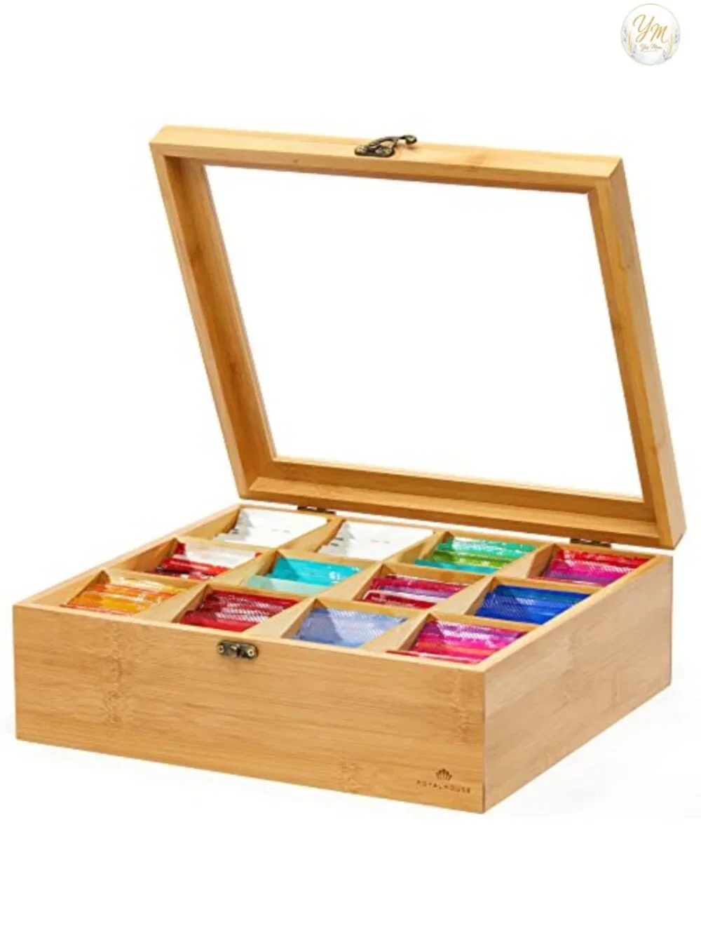 Natural Bamboo Tea Storage Organizer with Clear Acrylic Window, 12 Compartments